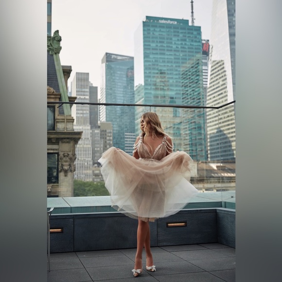 Beige cocktail dress, Beaded evening Midi dress, Airy Party dress,Wedding beige - Picture 14 of 14